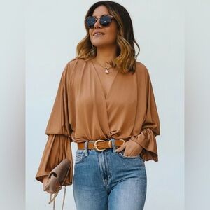 Express Bronze Satin Wrap V-Neck Bell Sleeve Bodysuit Size Small